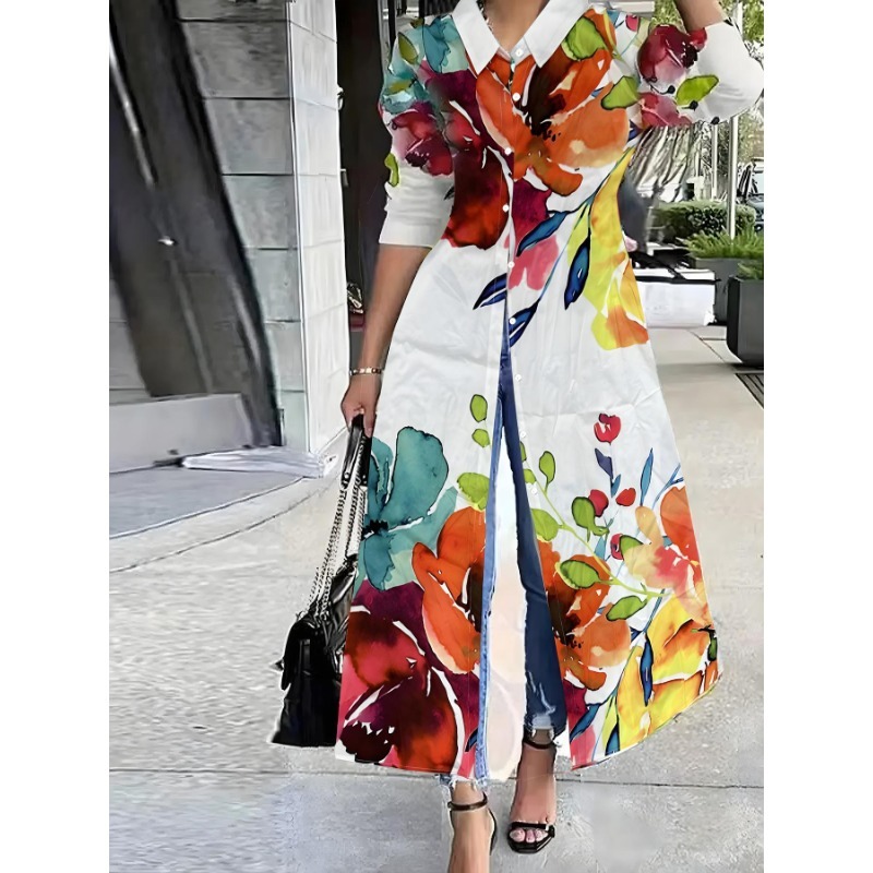 Plus Size 1XL-5XL Women's Summer Casual Fashion New Printed Long Sleeved Casual Dress Outerwear