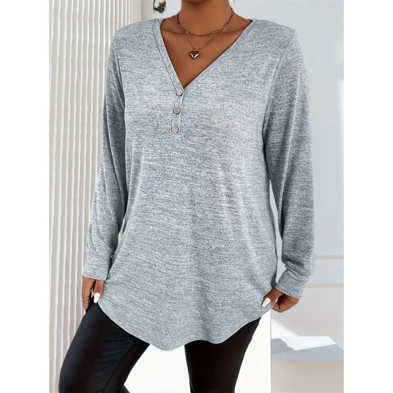 Plus Size 1XL-5XL Women's Solid Color Button V-neck Comfortable Versatile Long Sleeved T-shirt Suitable for Commuting