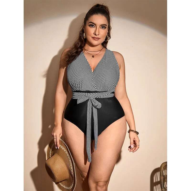 Large Size One-piece Swimsuit with Ripple Print for Women, New Collection with Backless Straps, High-end One-piece Swimsuit Y2k
