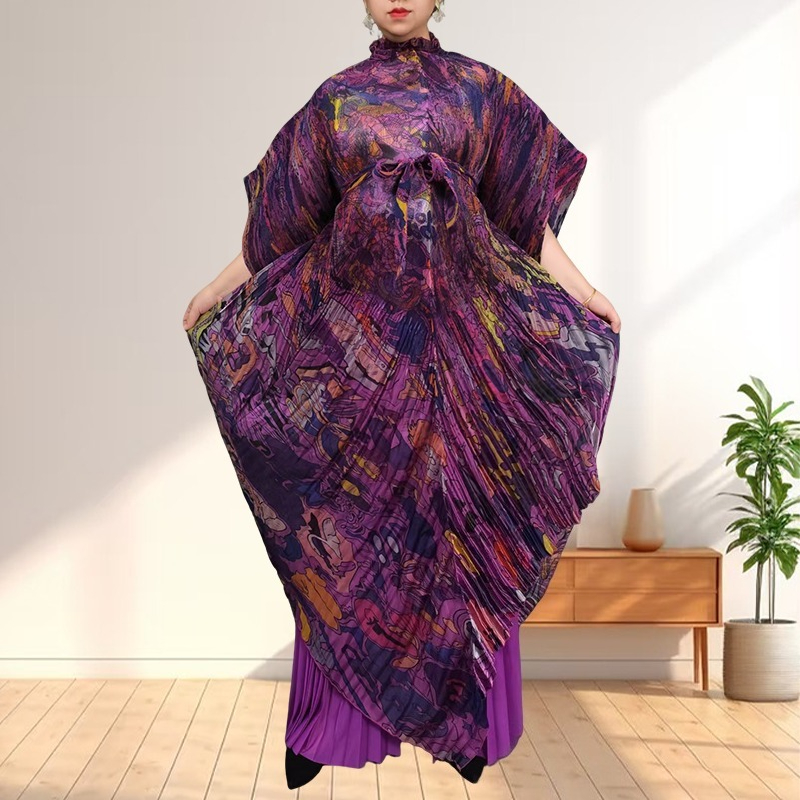 New Miyake Plus Size Stretch Women's Set Long Bat Sleeve Cloak Dress Straight Wide Leg Pants 2 Pieces Simple Casual African Prom