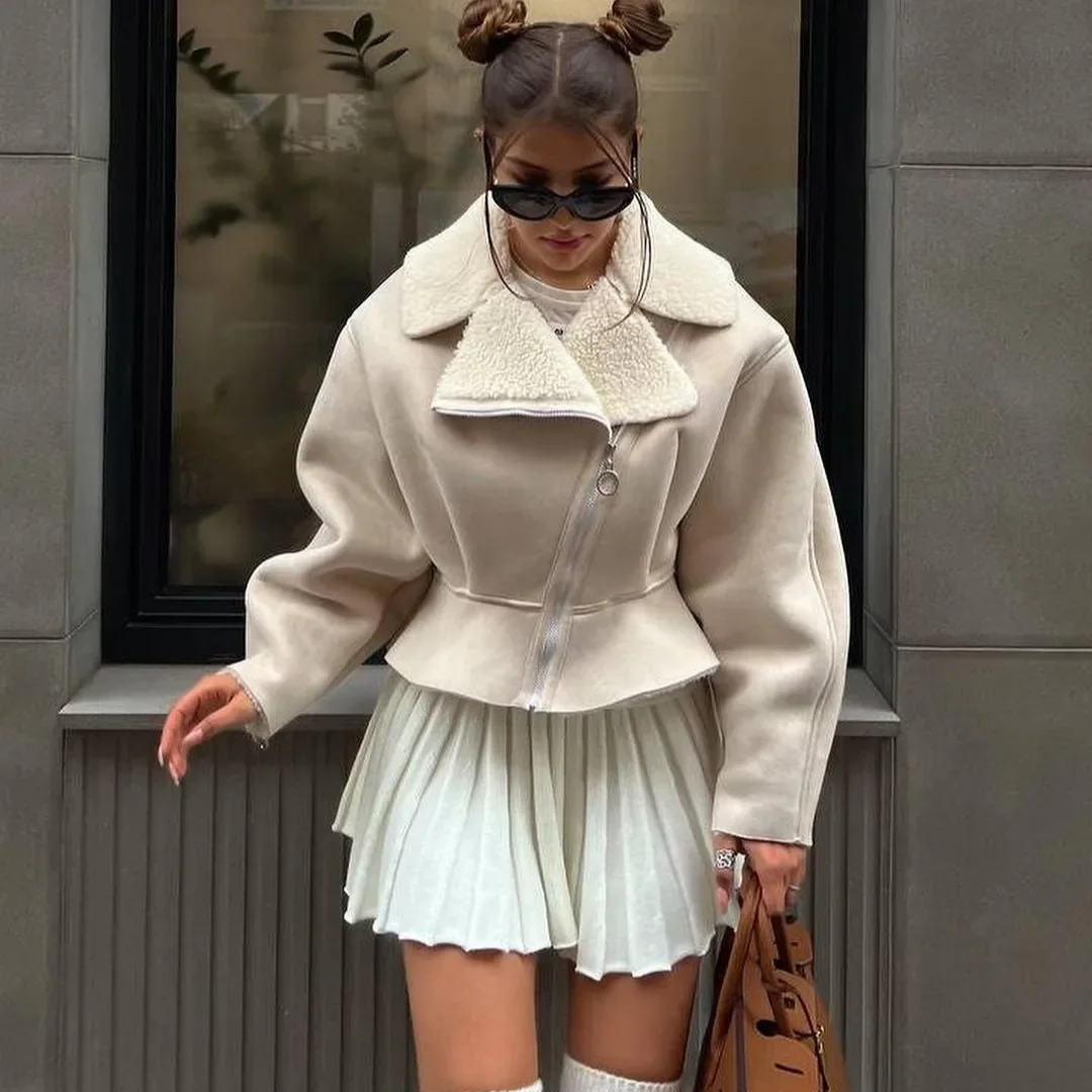 Office Lady Vintage Solid Color Turn Down Collar Jacket Autumn Winter Thick Short Women Coat 2024 Casual Zipper Outerwear