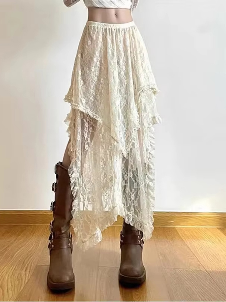 Asymmetrical Women Lace Skirt Vintage Y2K Aesthetic Summer Fashion High Waist Mid Skirts Ladies Holiday Outfits New