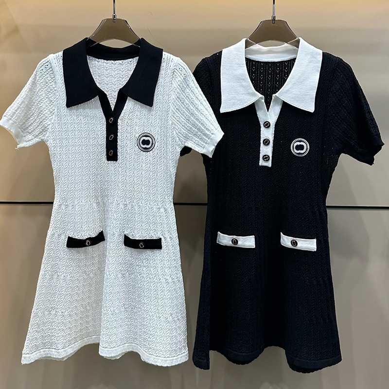 Luxury Women Vintage Dresses Designer Patchwork Lapel Neck A Lin Dress Summer Holiday Party Evening Knitted Short Dresses-image-799204470