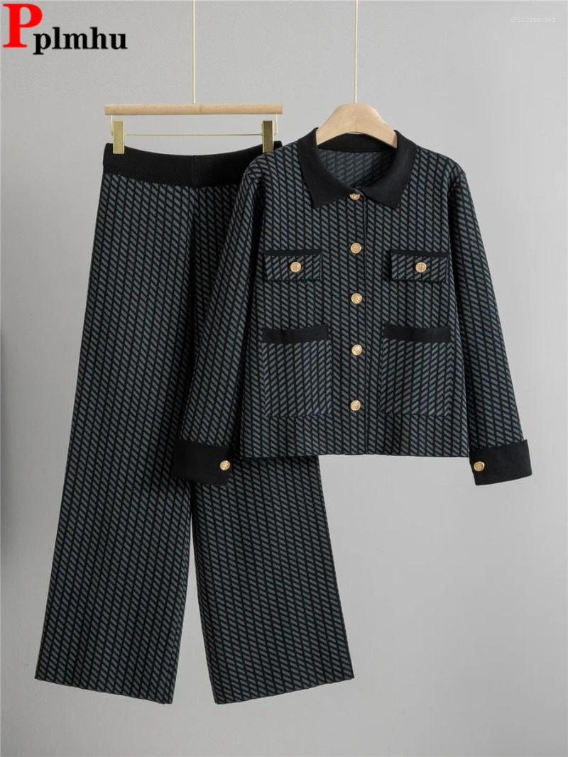 Women's Two Piece Pants Korean Design Knitted 2 Sets Elegant Polo Neck Knitwears Sweater Cardigan Tops Conjuntos High Waist Wide Leg Outfit