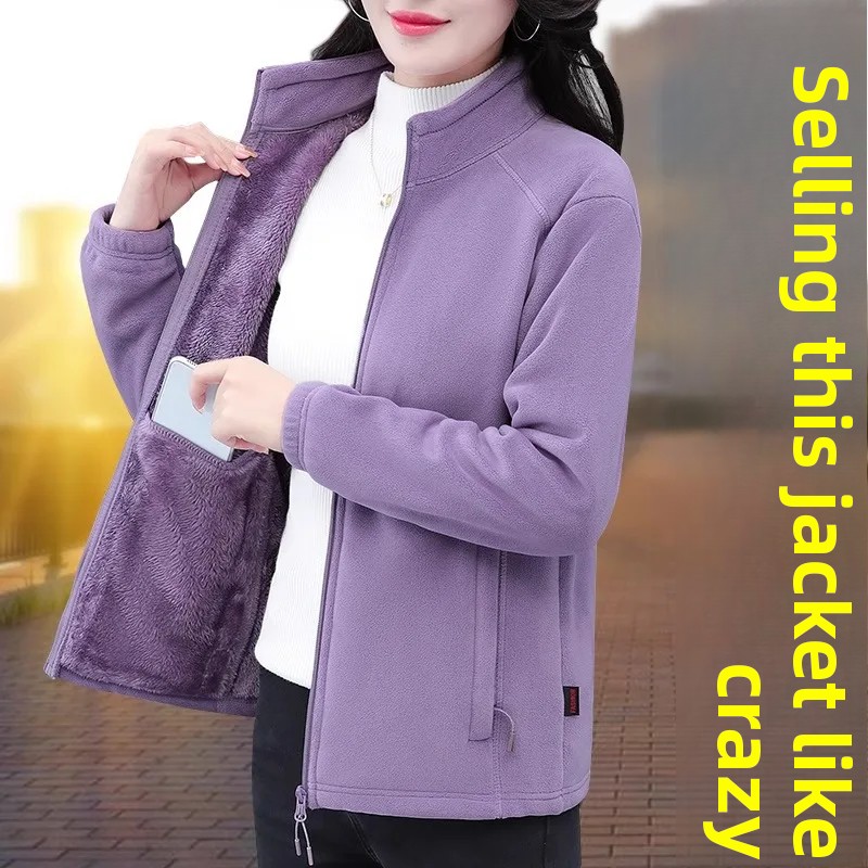 Thickened Double-Sided Fleece Jacket Women's Autumn Winter Warm Outerwear for Middle-Aged And Elderly Mothers Stand Collar Full