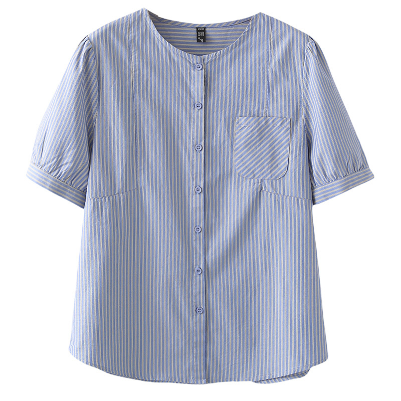 Summer New Short Sleeved Shirt 100kg Plus Size Casual Washed Cotton Striped Blouse Collarless Top 2520