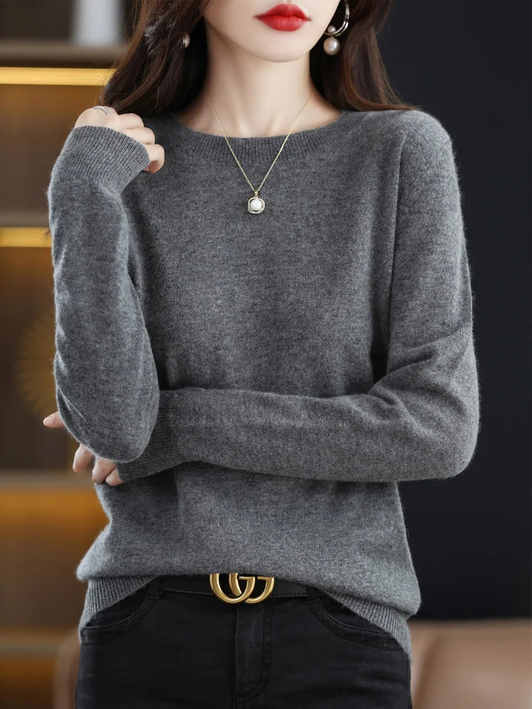 Fashion 100% Merino Wool Womens Sweater ONeck Long Sleeve Pullover Spring Autumn Winter Basic Jumper Clothing Knitwear Tops 250730