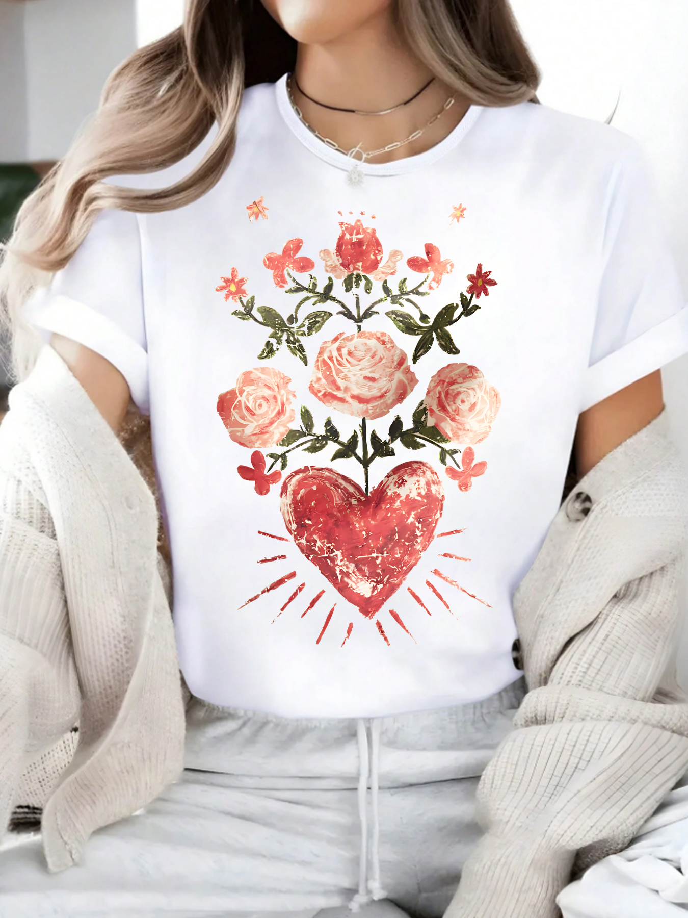 Rose Plus size women's round neck short sleeve T-shirt with elastic half sleeves and trendy prints
