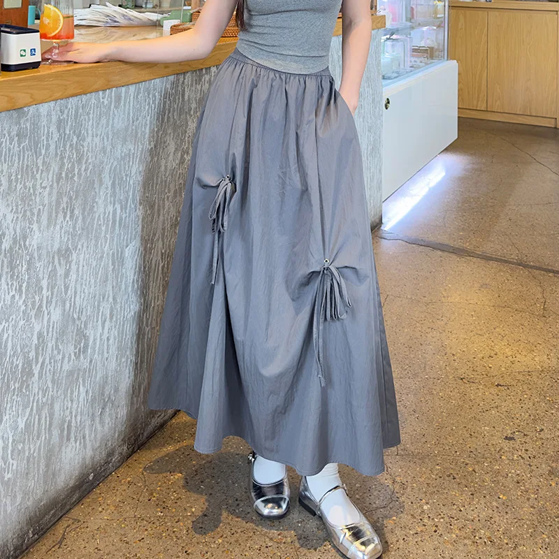 Handmade Butterfly Knot White Slimming Drapey A- Line Midi Skirt Women's Summer New High Waist Half-length Skirts