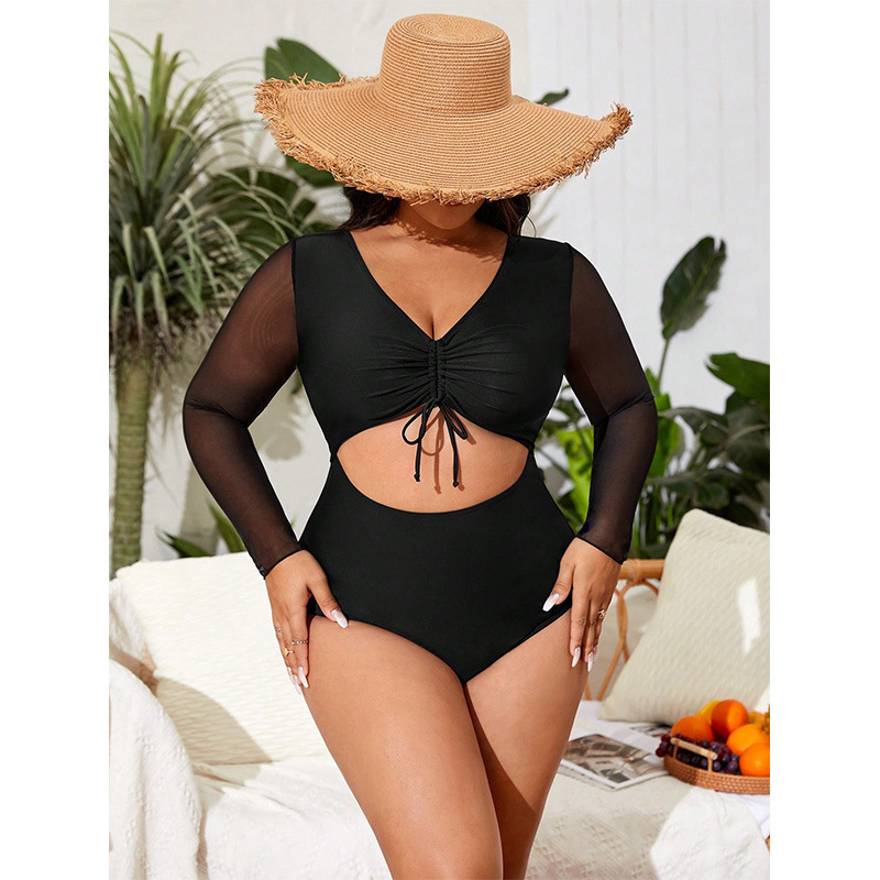 Solid Color Plus Size One-piece Swimsuit for Women, Sexy, Conservative, Long Sleeved, Tight Fitting, Gathering High-end Y2k