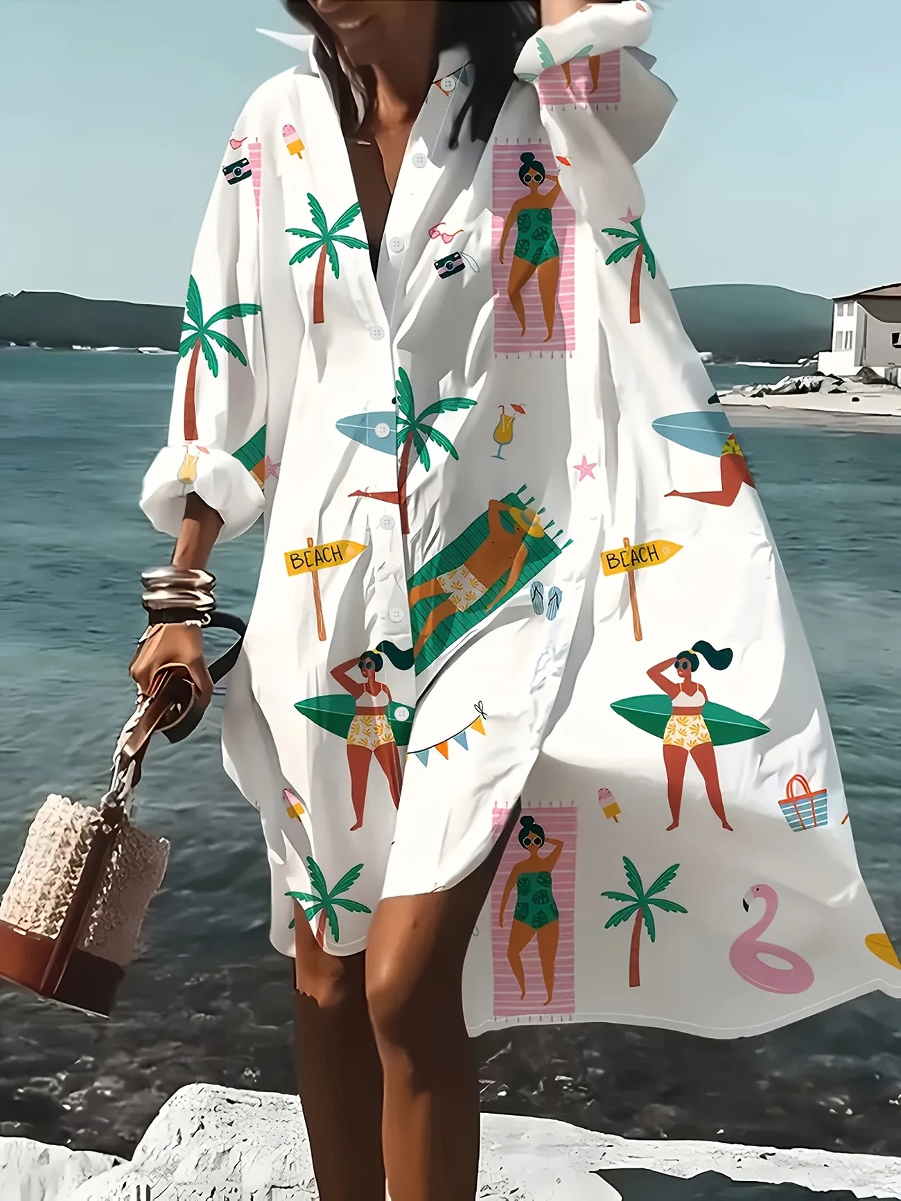 Plus Size 1XL-5XL Vibrant Tropical Print Long Sleeve Dress for Women's Long Sleeved Pleated Edge Dress