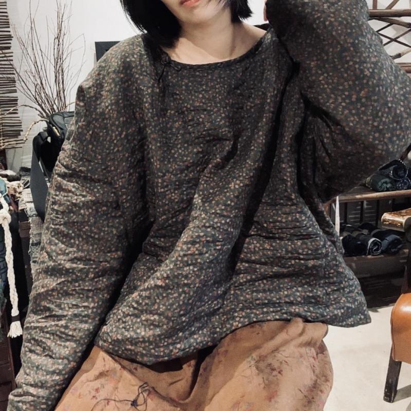 Autumn Winter Women Long Sleeve O-neck Loose Pullover Coat Double-deck Cotton Linen Vintage Print Thicken Jacket High Quality