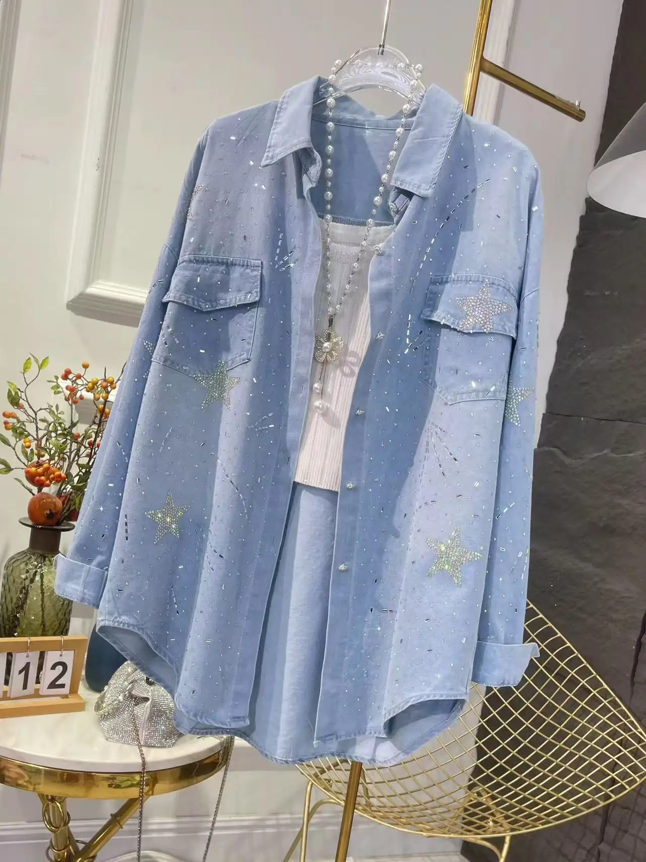 Highend Bling Diamonds Drilling Denim Shirts Blouses For Women Spring Trend Long Sleeve Oversized Shirt Tops 250715