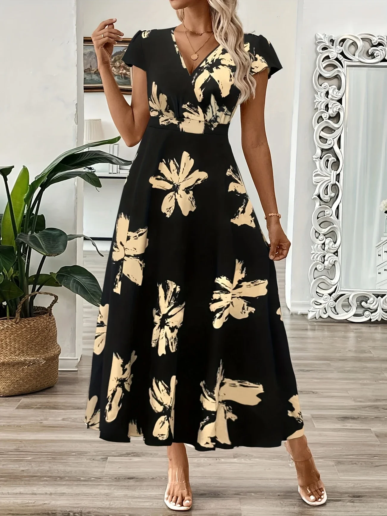 Plus Size 1XL-5XL Women's Summer Fashion Elegant Floral Maxi Dress Ladies Casual Short Sleeve Elegant Crew Neck Peplum Dress