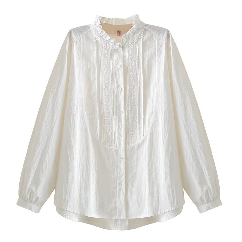 2025 Spring New Plus Size Shirt 100KG Stylish Ruffled Collar Embroidered Long Sleeved Blouses For Women 156