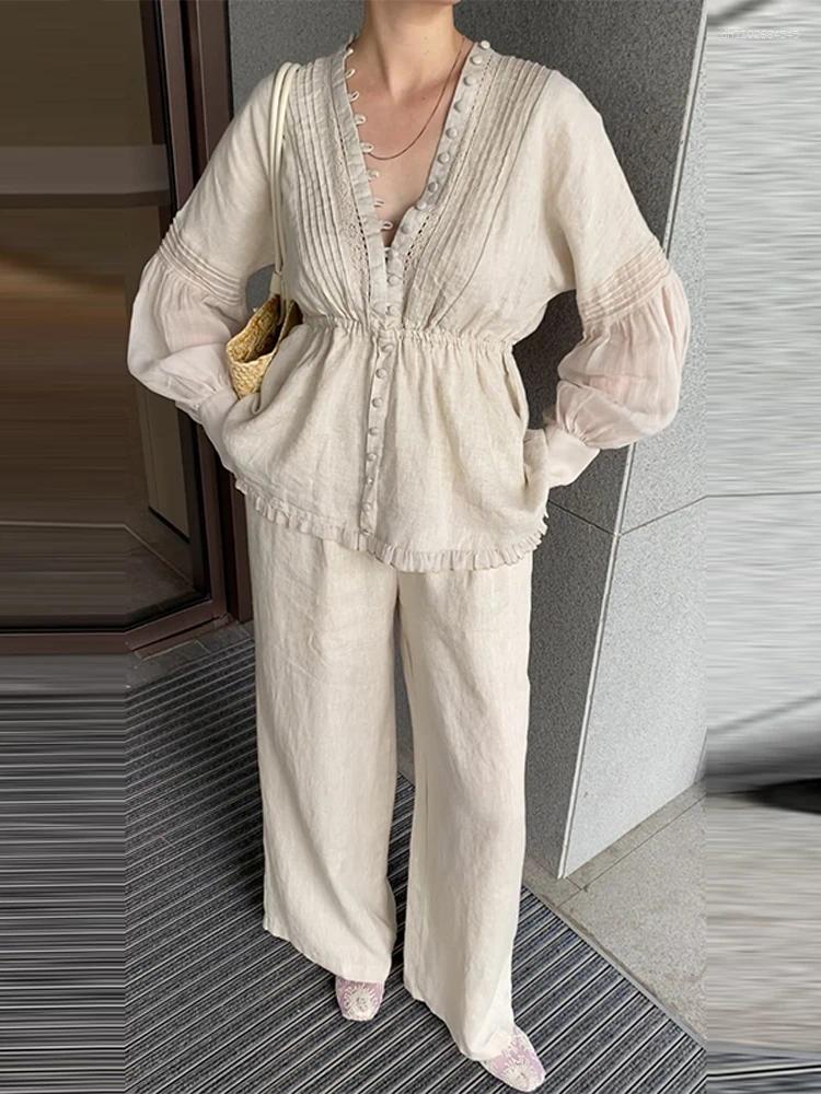 Women's Two Piece Pants Pieces Set Suit V-neck Full Sleeve Single Breasted Shirts High Waist Lace Up Wide Leg Fashion Lady Outfit