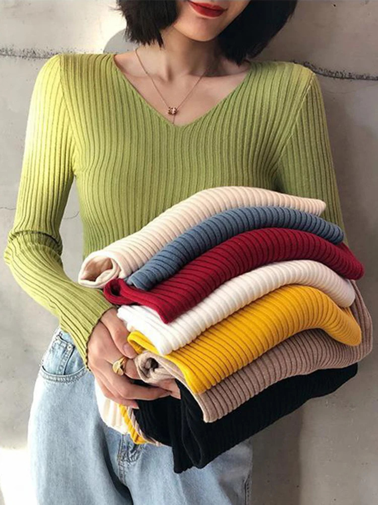 Autumn Winter Women Solid Rib Knit V Neck Stripe Pull Sweater Femme Long Sleeve Pullover Jersey Tops Fashion Clothes Y2k 250730