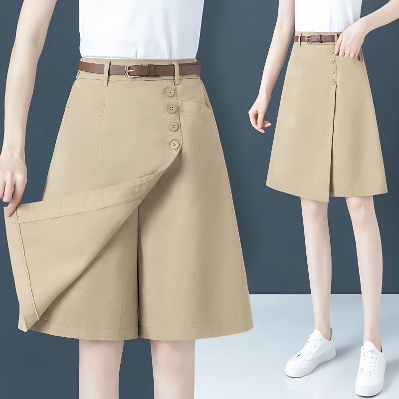 Half-length Pants Ladies Summer Thin High Waist Wide-leg Short Trousers New Plus Size Casual Loose Fake Two-piece Skirts Culotte