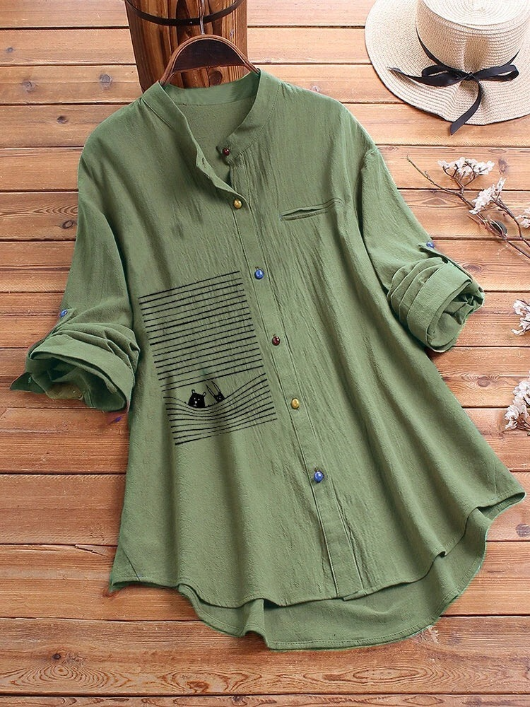 Plus Size in-Stock 2025 Best-Seller Tops New Chic Printing Shirt Versatile Stand Collar Colorful Breathable Office Lady Clothing
