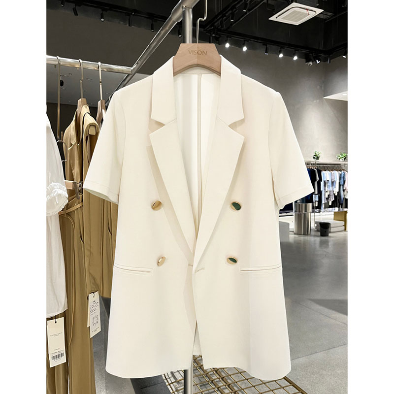 Milky White Short-Sleeved Suit Jacket Women 2025 Spring Summer New Thin Coat Metal Buckle Professional Blazer Fashion Outwear