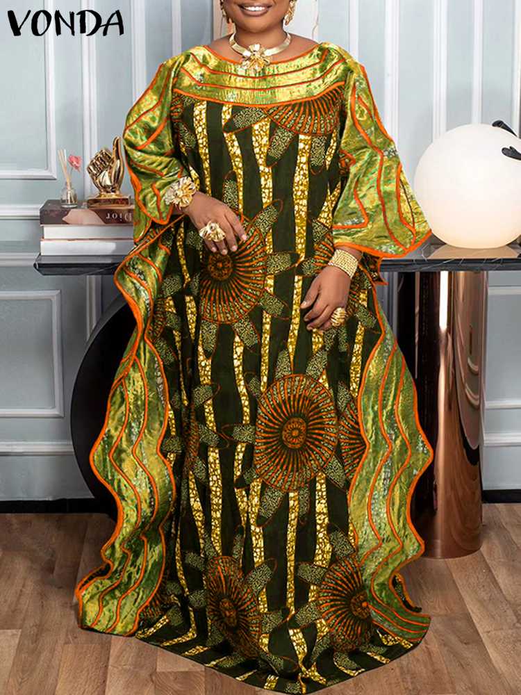 Plus Size 5XL VONDA Bohemian Long Dress Women 2024 Autumn Printed Maxi Sundress Flare Sleeve Ruffled Loose Casual Party Vestidos