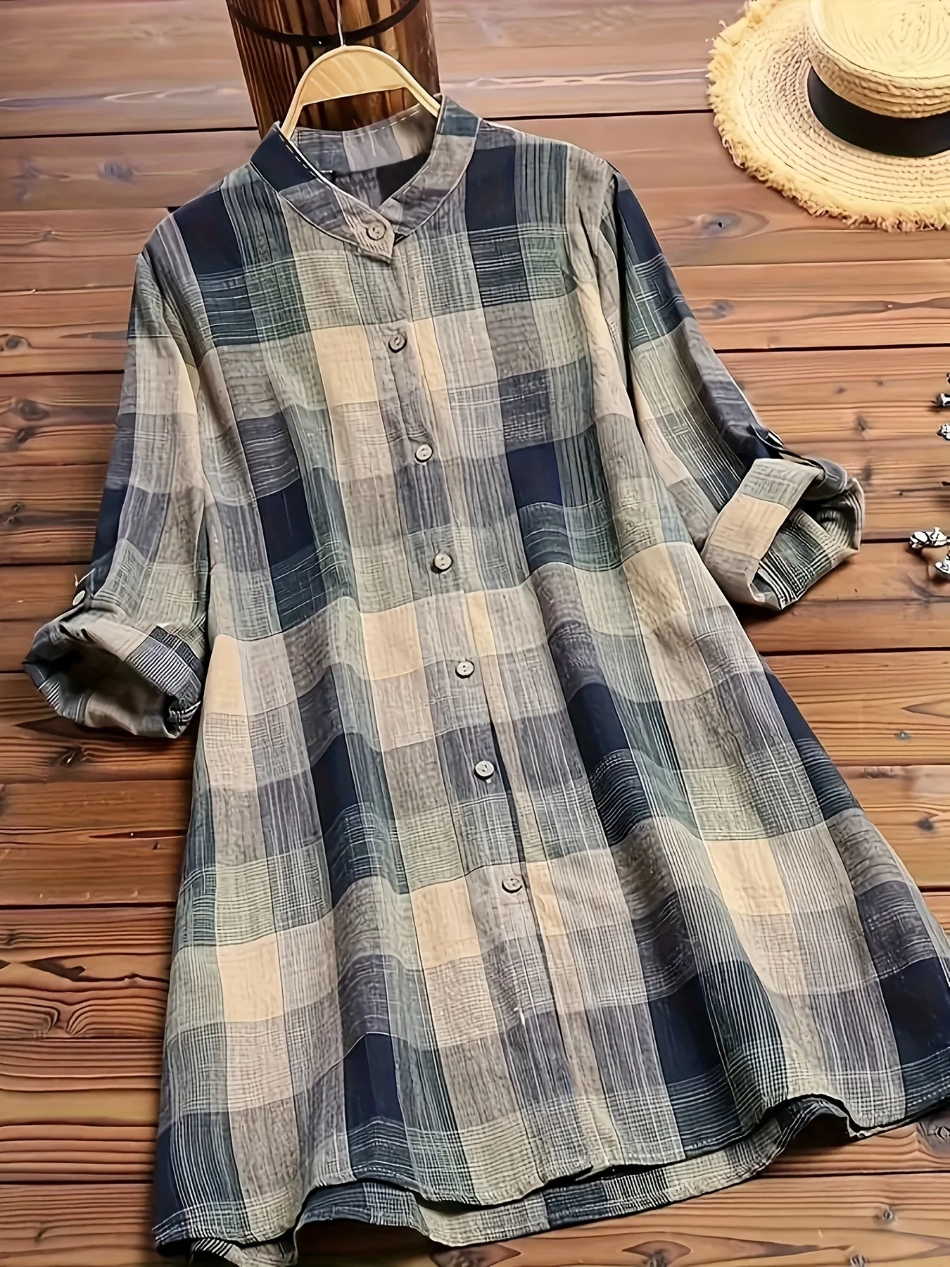 Plus Size 1XL-5XL Womenâs Colorblock Grid Print Button Up Roll Up Sleeve Blouse Women Fashion Shirt