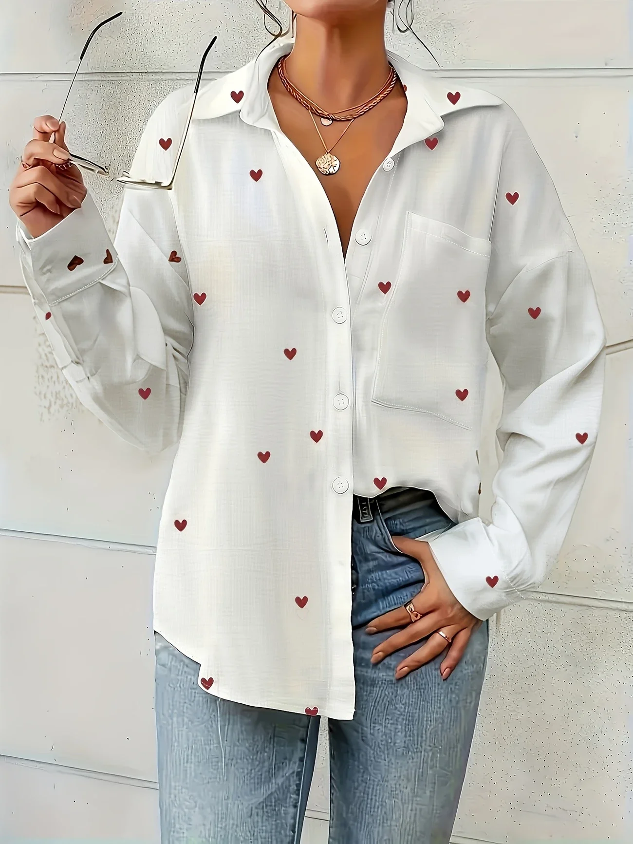 Plus Size 1XL-5XL Elegant Women's Long Sleeve Button-Up Shirt Women Red Heart Patterns Spring Fall Casual & Formal Wear Blouse