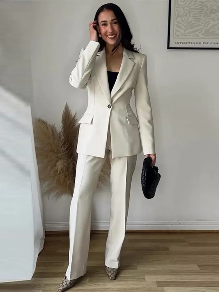 Chic Office Lady Solid Women Suit Pockets V Neck Slim Blazer Straight Loose Flare Pants Fashion Pant Set 250818