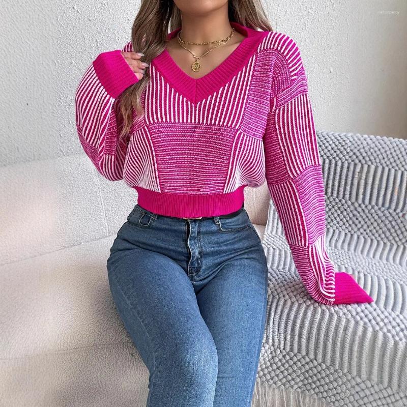 Women's Sweaters Casual Grid Striped Pullover Sweater Women Autumn Winter Fashion Lantern Sleeve Crop Top V Neck Knitted Jumpers