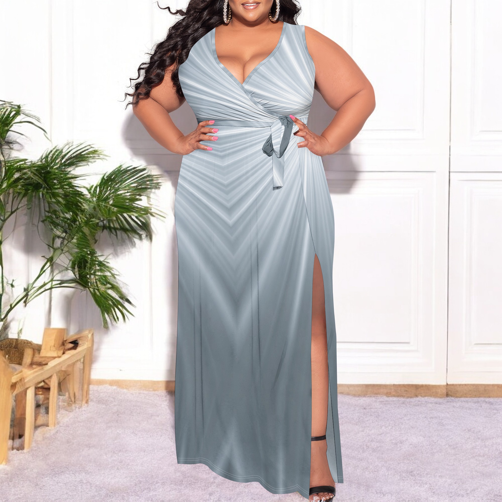 Plus Size Silver Gradient Radiant Maxi Dress XL-6XL Elegant V-Neck Wrap Style for Evening Party or Formal Occasion Look