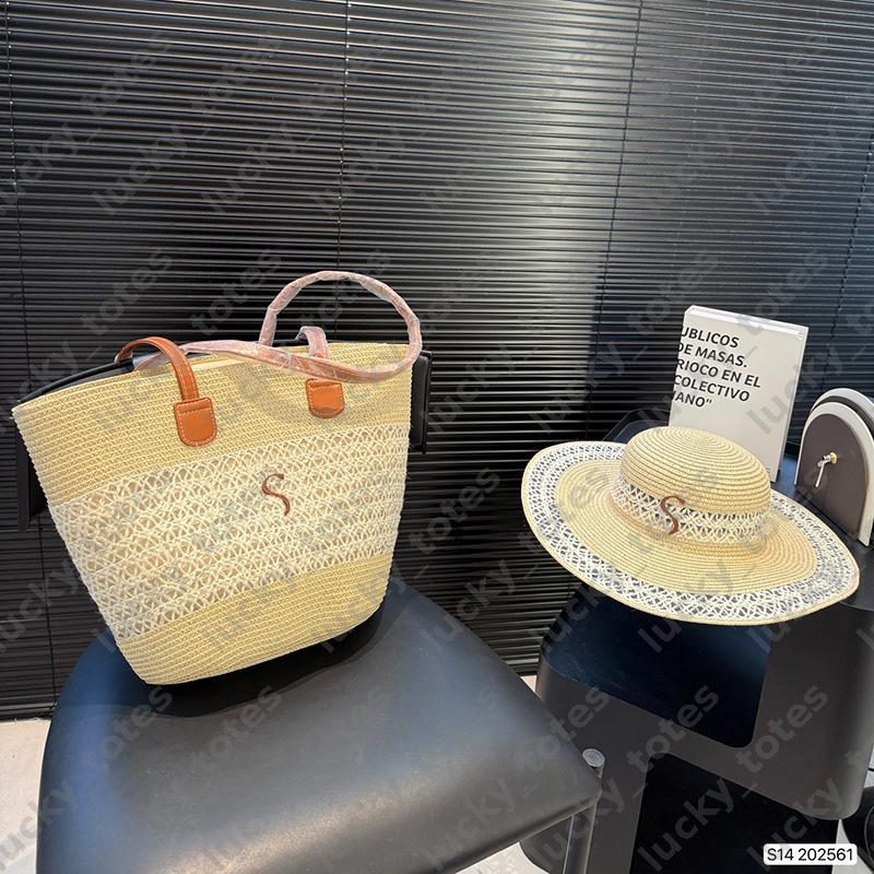 Woven Bucket Bag Sun Hat 2-piece Set Designer Beach Bag Lady Luxury Shoulder Bags Travel Hat 2pcs -15 Beach Vacation Handbag Tote Shopping Pack DPD2