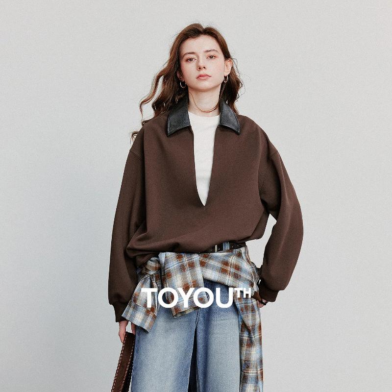 Women's Hoodies TOYOUTH Women Sweatshirt 2025 Autumn Lulicore Style Spliced Lapel Deep V Neck Cotton Pullover Tops