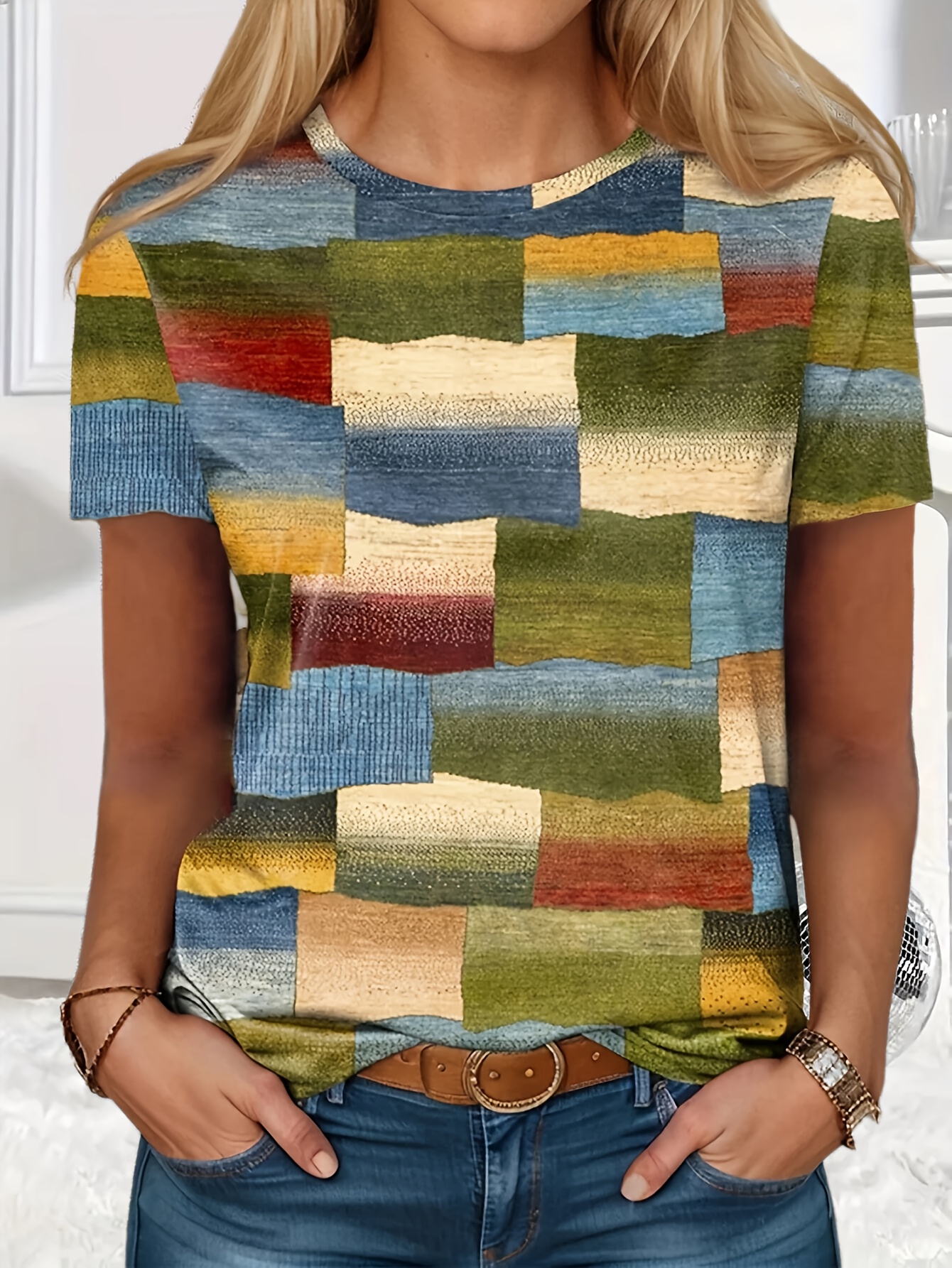 Plus Size 1XL-5XL Women's Fashion Summer Color Block Printed Round Neck T-shirt Women Casual Short Sleeve T-shirt