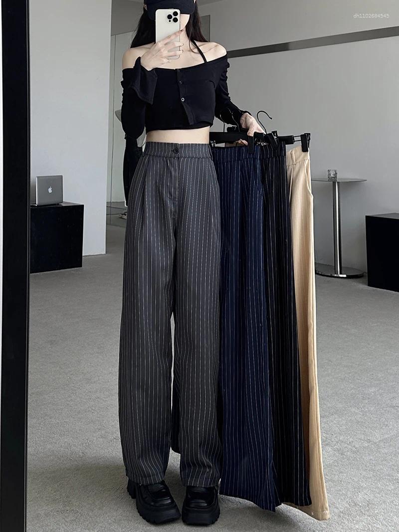 Women's Pants Slimming High Waist Drapey Suit Striped Plus Size Loose Straight Leg Long Trousers Korean Sle Commute Faion