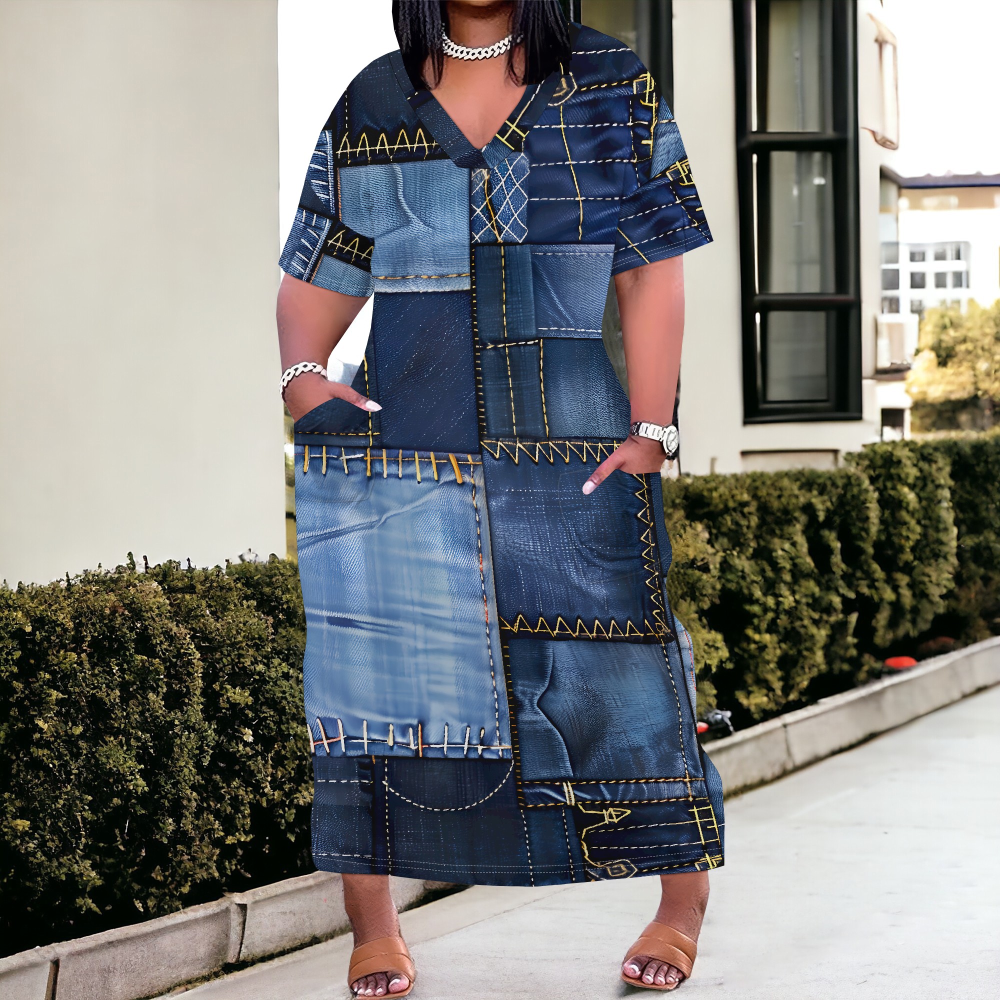 Plus Size Denim Patchwork Maxi Dress for Women XL-6XL V-Neck Loose Fit Casual Summer Streetwear or Everyday Look