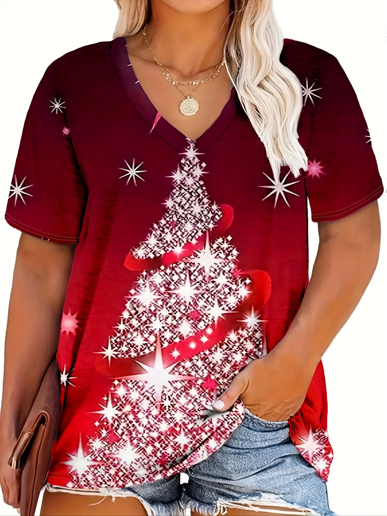 Plus Size 1XL-5XL Women's V-neck Casual T-shirt Women's Fashionable and Comfort Christmas Printed T-shirt