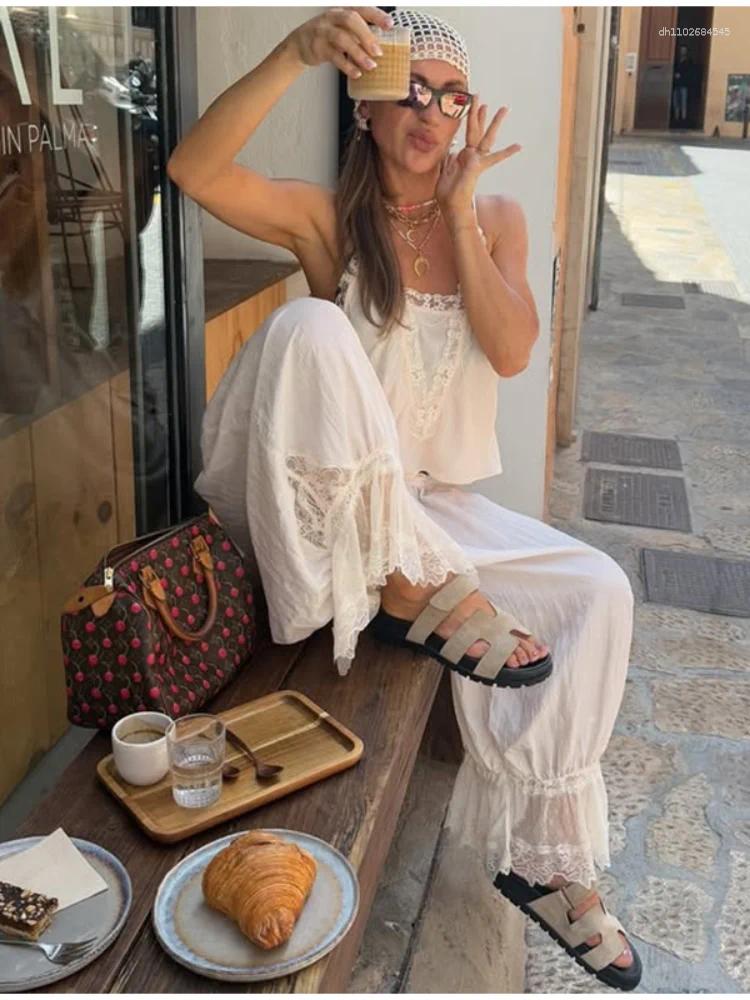 Women's Pants Vintage Lace Trim Flowy Balloon High Waisted Boho Vacation Casual Linen Baggy Trousers Chic Summer Outfit