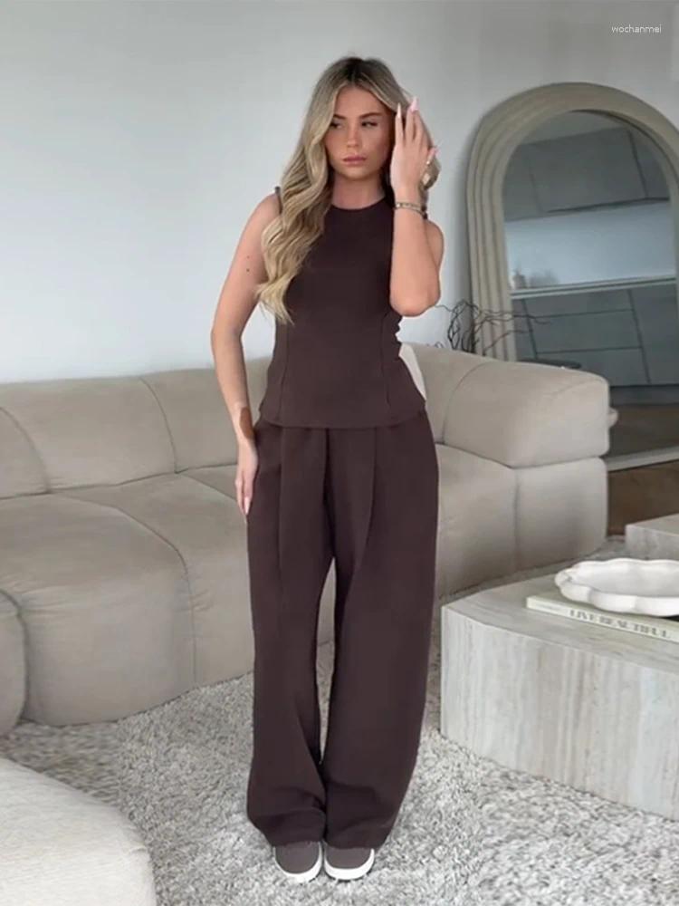 Women's Two Piece Pants Fashion Women Trouser Suit Casual Sleeveless O-neck Zipper Top Straight Pant Female Pantsuit 2025 Spring Street