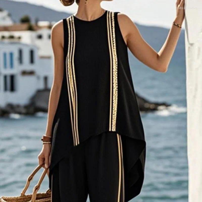 Women's Two Piece Pants Retro Contrast Striped Print Holiday Beach Outfit Woman Elegant O Neck Irregular Top & Long Pant Sets Sleeveless