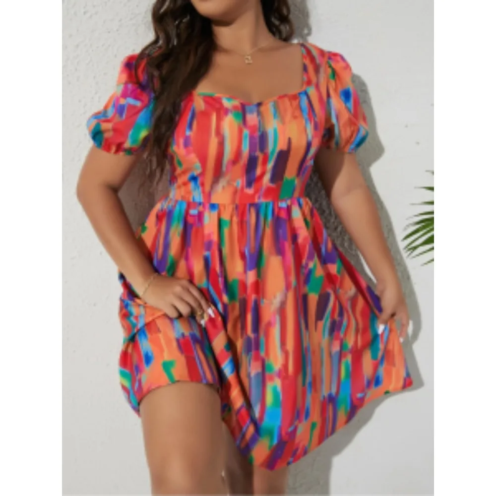 Plus Size Women Spring and Summer Brush Print Puff Sleeve A Line Dress Casual Sleeveless Dress
