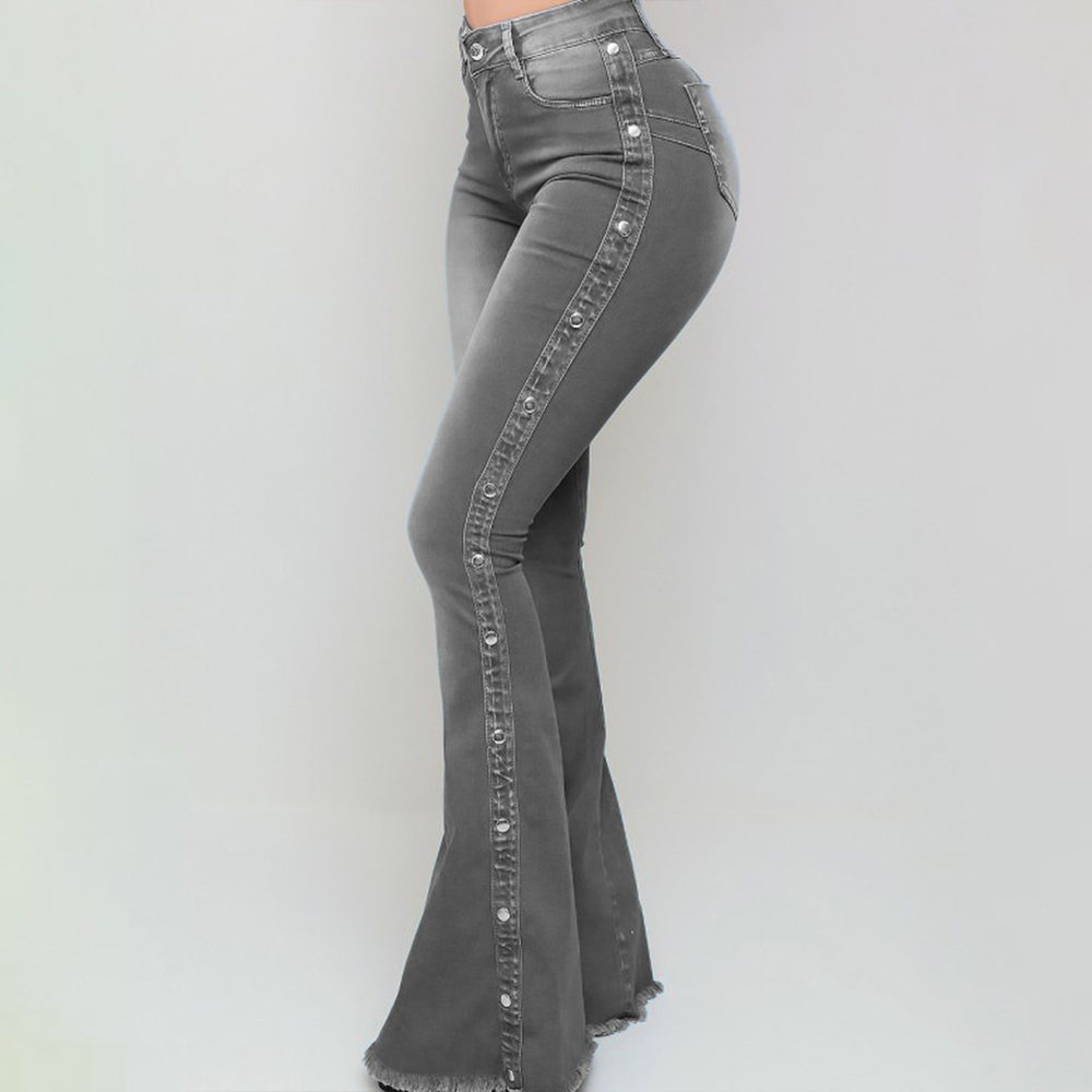 Plus Size Women's Solid Denim High Waist Flare Jeans Full Length Pants Ladies Spring Autumn Buttons Pockets Trousers Size L-5XL