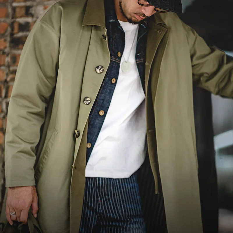 Maden Casual Balmacaan Trench Coat Mens Amekaji Loose Green Windbreaker Heavyweight Twill Long Jackets Vintage Overcoats 250730