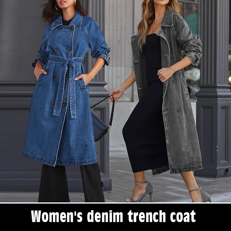 2024 Womens Denim Long Coat Autumn Winter Fashion Trench Cardigan Jacket Tops European American Street Trend Clothing 250730