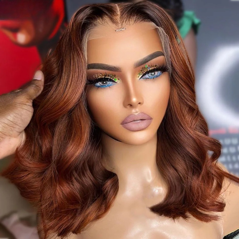 Red Ginger Brown Highlight Short Bob Wavy Lace Front Human Hair Wigs 13X4 13X6 Body Wave Lace Frontal Bob Wigs Synthetic For Black Women
