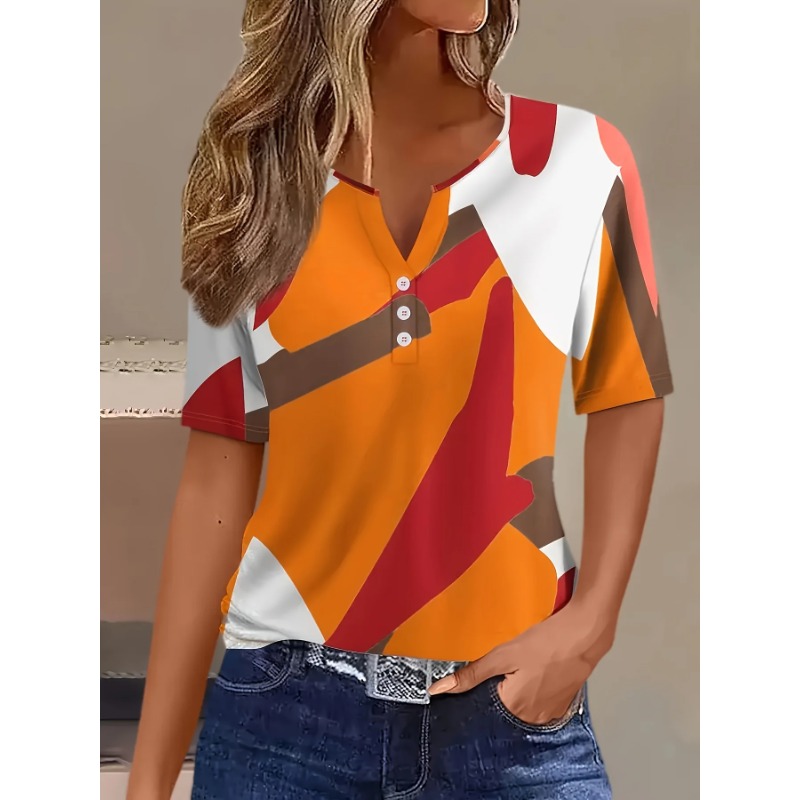 Plus Size Summer Women Spring and Summer Clothing Casual Color Blocked Short Sleeved T-shirt with Button Design on The Collar