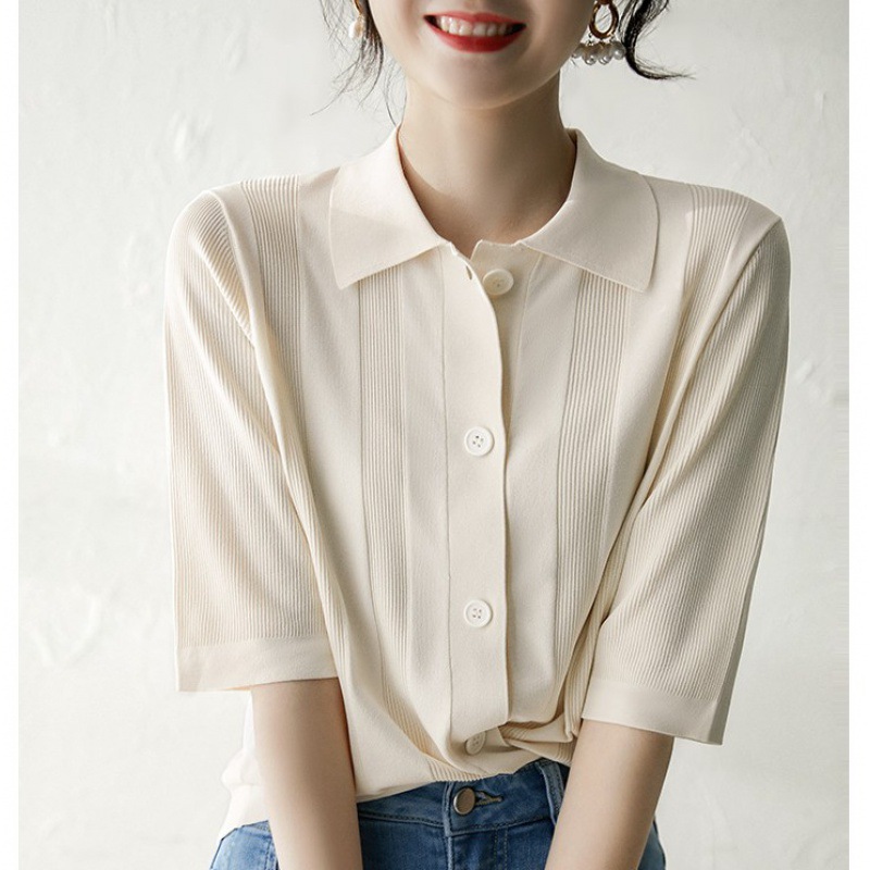 New spring and summer women's loose fitting slimming five quarter sleeved knitted sweater top polo collar cardigan