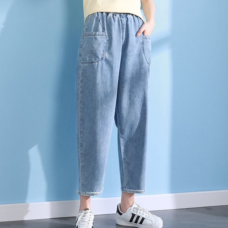 Loose Ankle-Length Cowboy Pants Jeans Woman Spring Summer Korean Retro Elastic High Waist Denim Pants Female