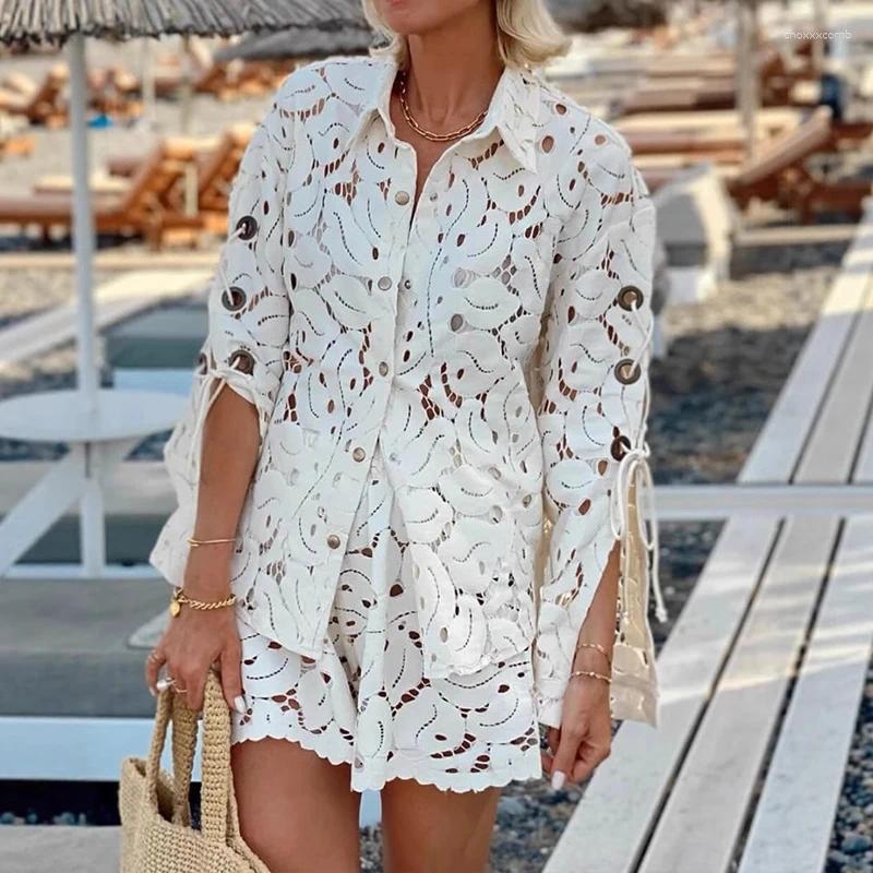 Women's Tracksuits Elegant Embroidery Lace Hollow Outfits Fashion Lapel Button Shirt & Short Pants Suit Women Casual Long Sleeve Solid 2