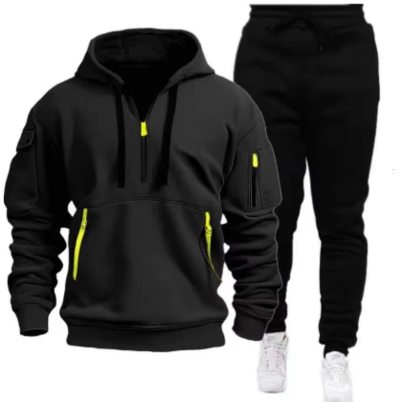 Mens Leisure Sports Pullover Multi Zipper Arm Pocket Hoodie Set Autumn/spring Fashion Hoodie Mens Loose Coat Pants Suit 250728
