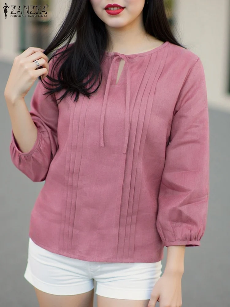 Plus Size 5XL ZANZEA Summer Women Blouse Lace-up Neck Fashion Tops 2025 Casual Loose Solid Color 3/4 Puff Sleeve Shirts Tunics